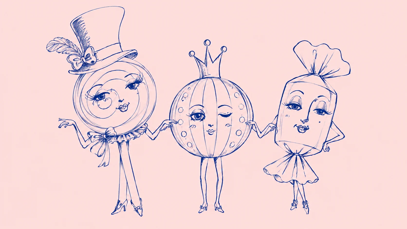 Hand-drawn Fika candy characters holding hands