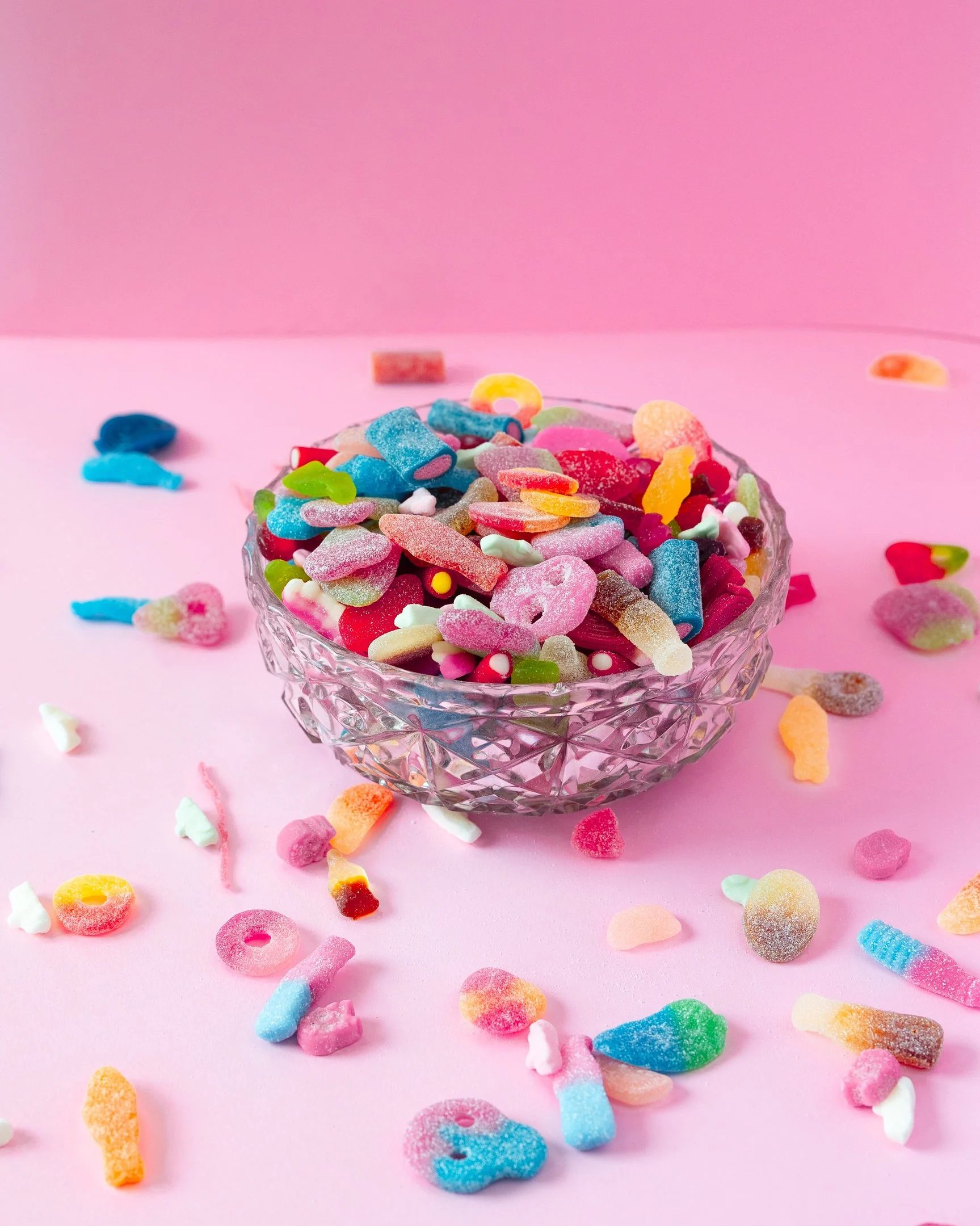 A glass bowl full of Swedish pick-and-mix
